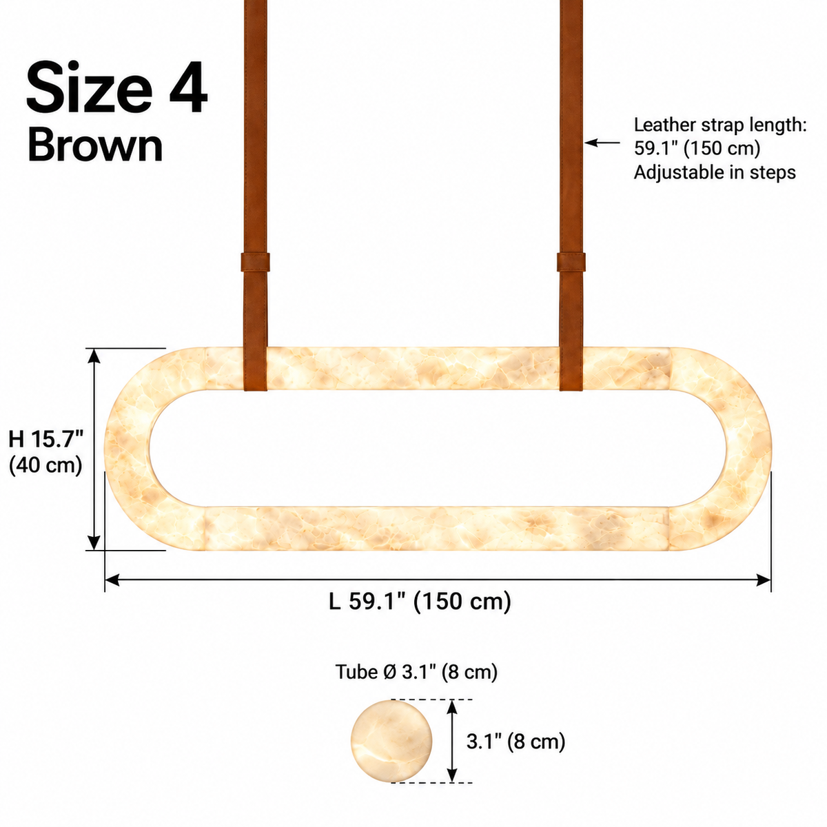 Kova upright alabaster oval chandelier Size 4, brown single straps, L 150 cm x H 40 cm, tube diameter 8 cm, strap length 150 cm | CARRA HOME