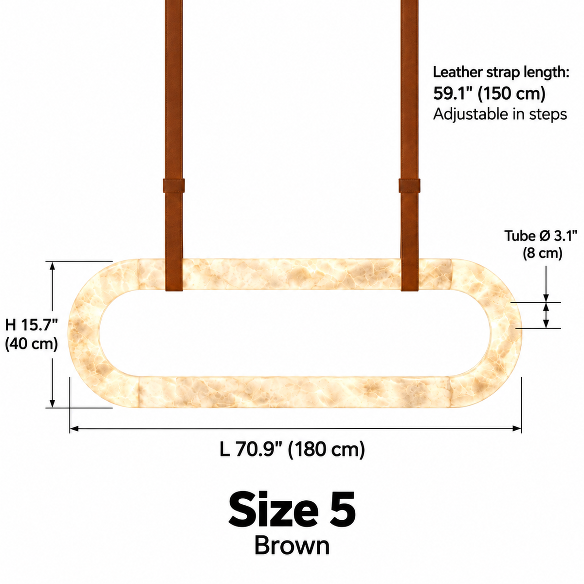 Kova upright alabaster oval chandelier Size 5, brown single straps, L 180 cm x H 40 cm, tube diameter 8 cm, strap length 150 cm | CARRA HOME