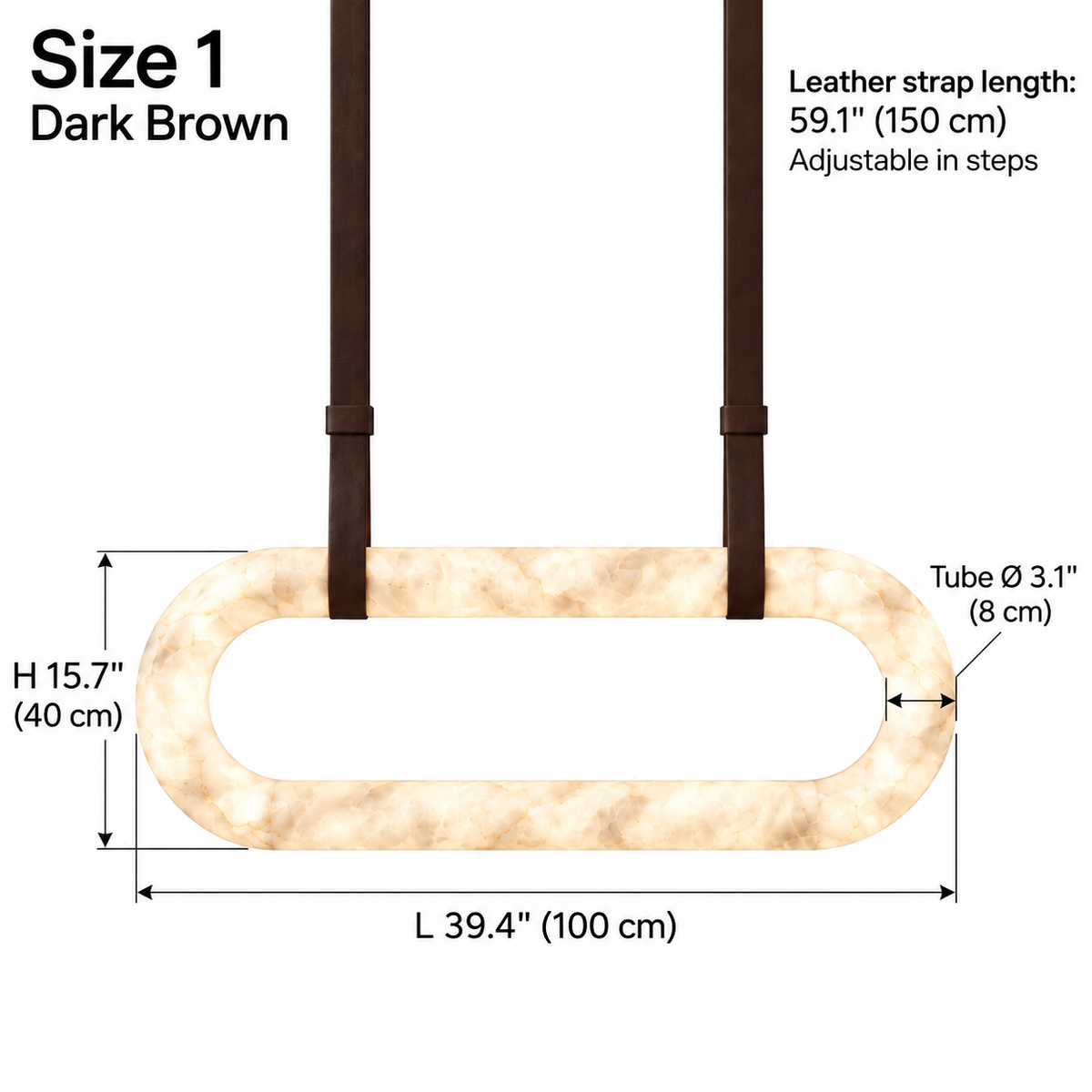 Kova upright alabaster oval chandelier Size 1, dark brown single straps, L 100 cm x H 40 cm, tube diameter 8 cm, strap length 150 cm | CARRA HOME