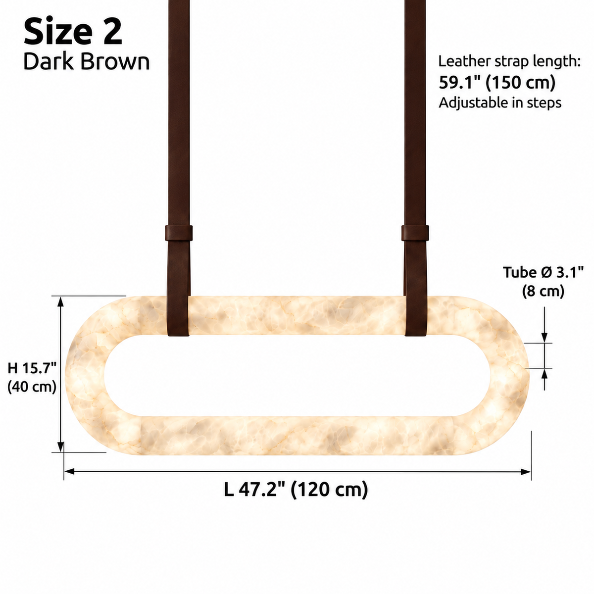 Kova upright alabaster oval chandelier Size 2, dark brown single straps, L 120 cm x H 40 cm, tube diameter 8 cm, strap length 150 cm | CARRA HOME