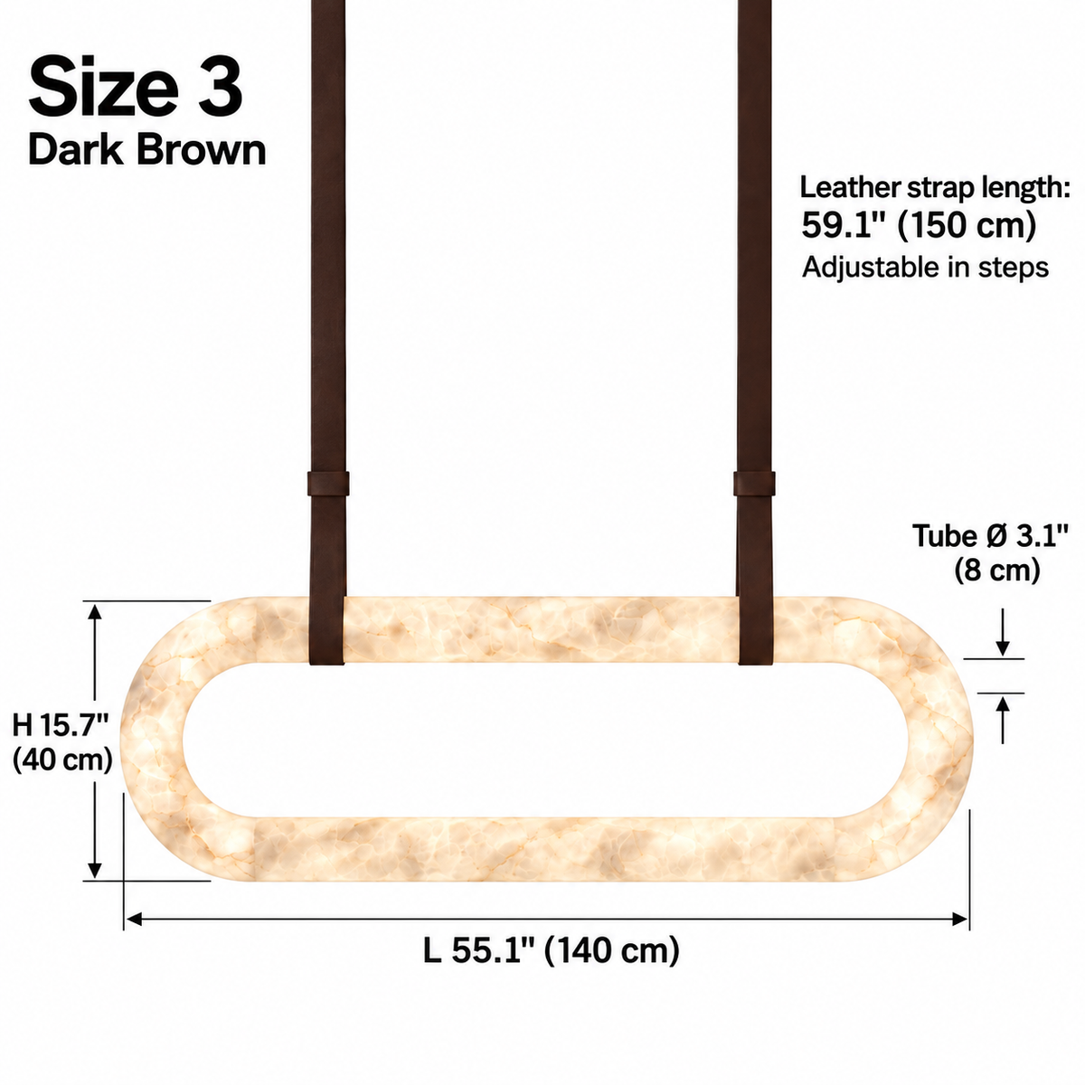 Kova upright alabaster oval chandelier Size 3, dark brown single straps, L 140 cm x H 40 cm, tube diameter 8 cm, strap length 150 cm | CARRA HOME