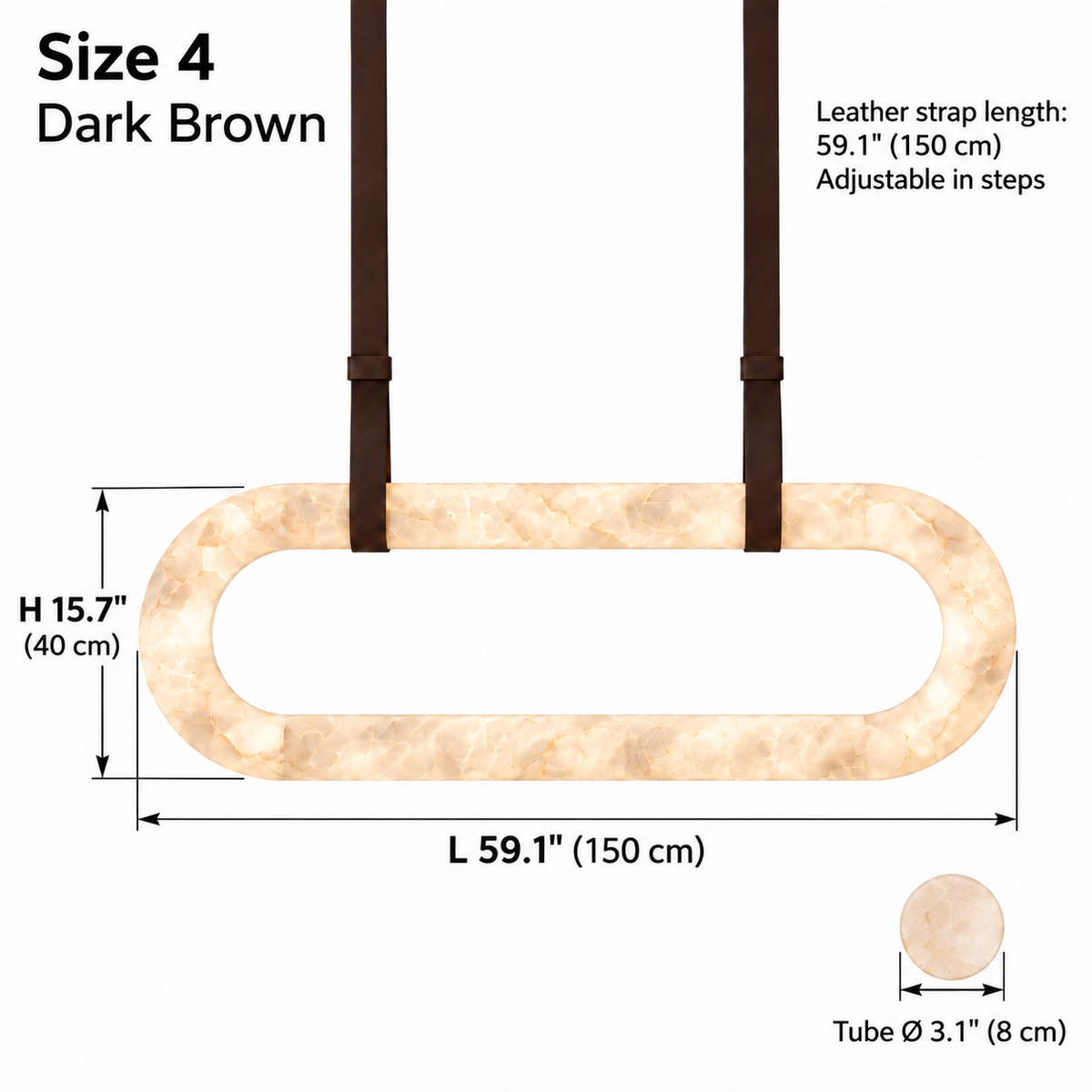 Kova upright alabaster oval chandelier Size 4, dark brown single straps, L 150 cm x H 40 cm, tube diameter 8 cm, strap length 150 cm | CARRA HOME