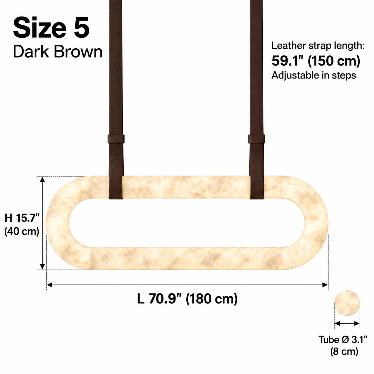 Kova upright alabaster oval chandelier Size 5, dark brown single straps, L 180 cm x H 40 cm, tube diameter 8 cm, strap length 150 cm | CARRA HOME
