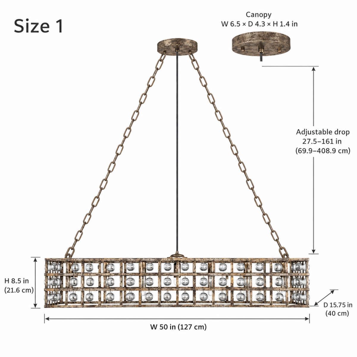 La Cage chandelier size diagram, 50 inches wide | CARRA HOME