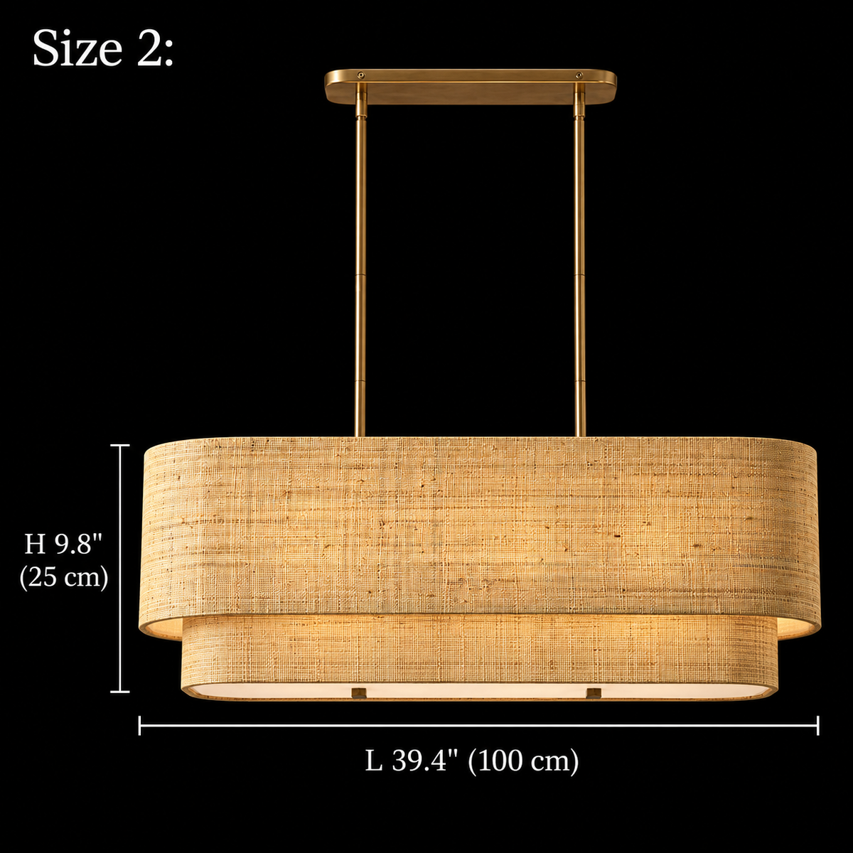 Laren Natural Fiber Layered Linear Chandelier, Seagrass Size 2, body L 39.4 in (100 cm) and H 9.8 in (25 cm) | CARRA HOME
