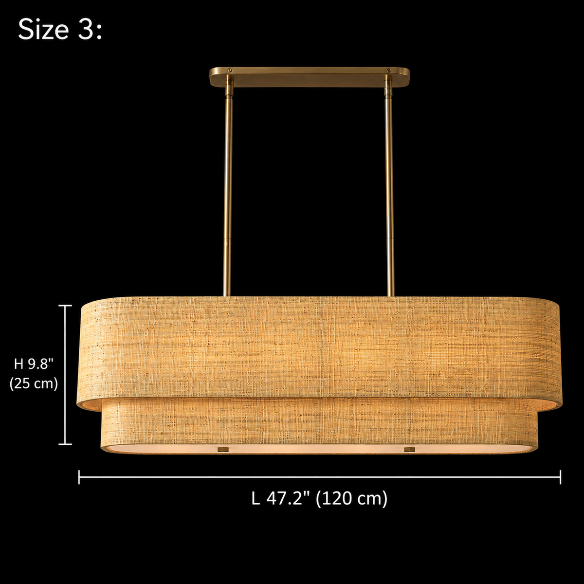 Laren Natural Fiber Layered Linear Chandelier, Seagrass Size 3, body L 47.2 in (120 cm) and H 9.8 in (25 cm) | CARRA HOME