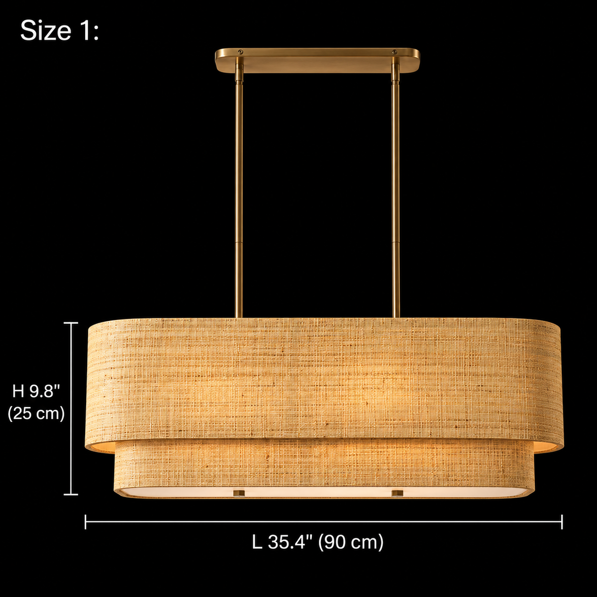 Laren Natural Fiber Layered Linear Chandelier, Seagrass Size 1, body L 35.4 in (90 cm) and H 9.8 in (25 cm) | CARRA HOME