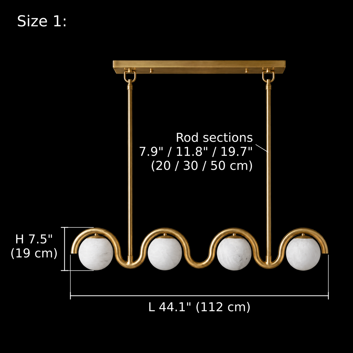 Lenox Alabaster Wave Linear Chandelier Size 1 Gold dimension diagram, L 44.1" (112 cm), H 7.5" (19 cm), Rod sections 7.9 / 11.8 / 19.7 in (20 / 30 / 50 cm) | CARRA HOME
