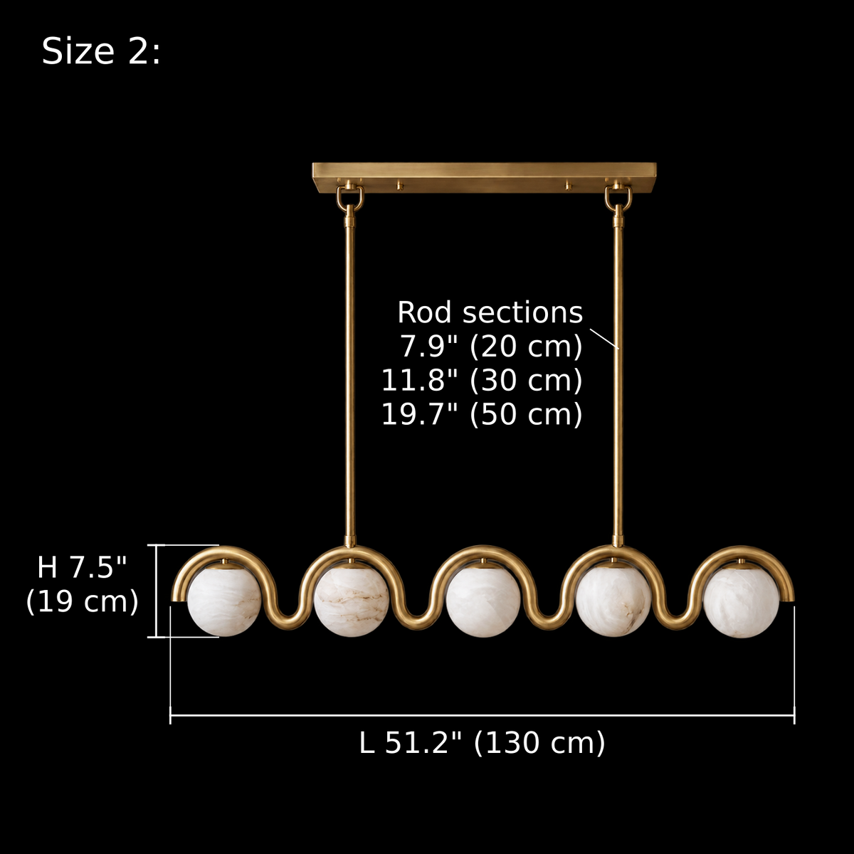 Lenox Alabaster Wave Linear Chandelier Size 2 Gold dimension diagram, L 51.2" (130 cm), H 7.5" (19 cm), Rod sections 7.9 / 11.8 / 19.7 in (20 / 30 / 50 cm) | CARRA HOME