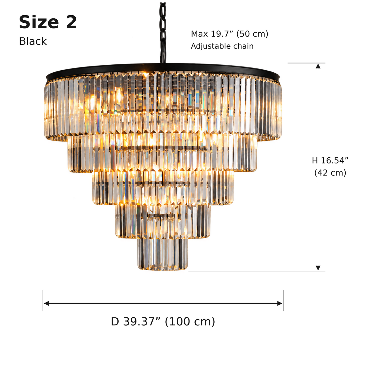 Leyland Crystal Tiered Round Chandelier - Black 100 x 42 cm Size 2 white background dimensions | CARRA HOME