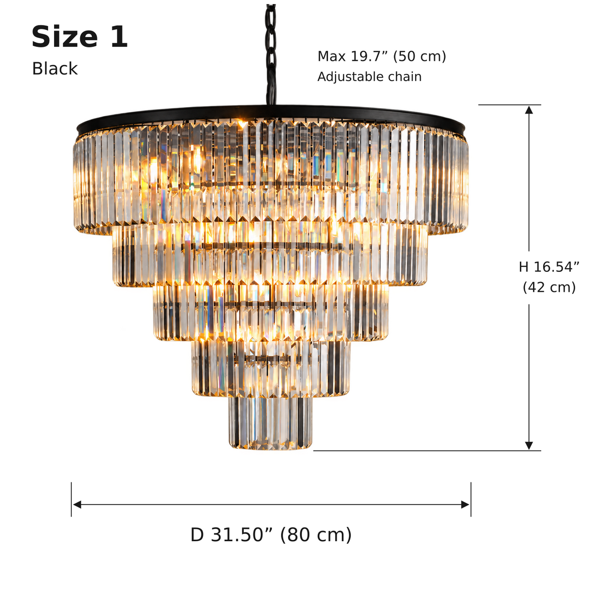 Leyland Crystal Tiered Round Chandelier - Black 80 x 42 cm Size 1 white background dimensions | CARRA HOME