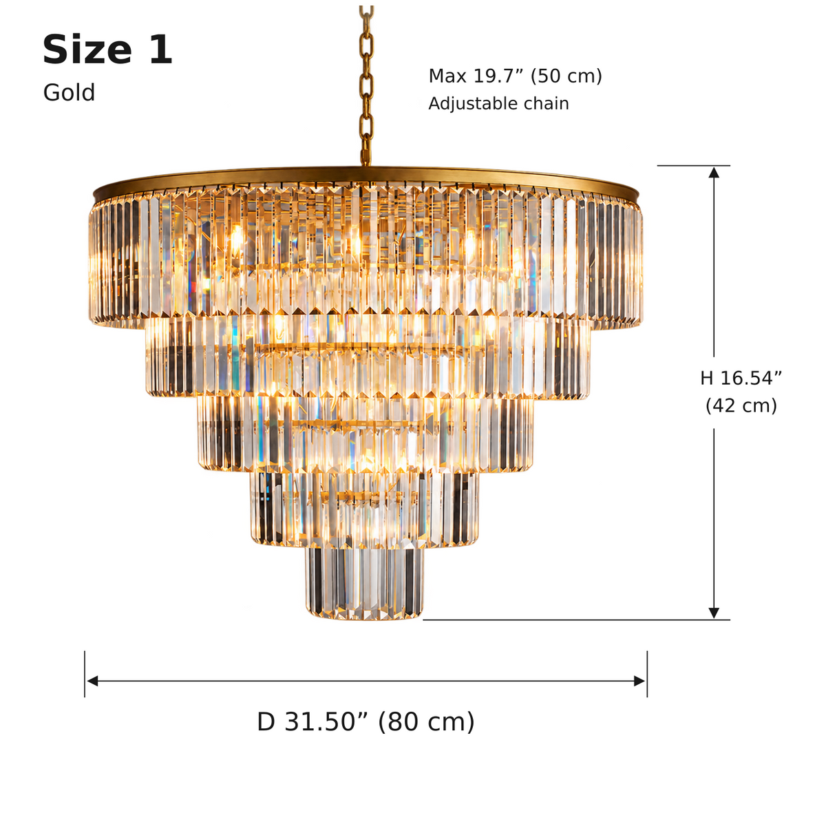 Leyland Crystal Tiered Round Chandelier - Gold 80 x 42 cm Size 1 white background dimensions | CARRA HOME