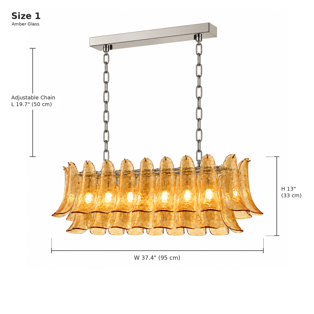 Liora amber glass petal linear chandelier dimensions, Size 1, adjustable chain | CARRA HOME