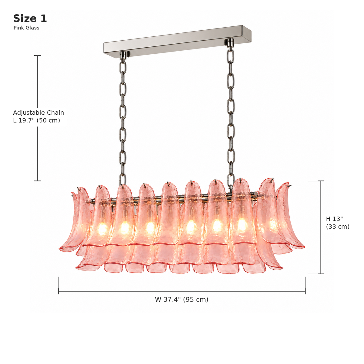 Liora pink glass petal linear chandelier dimensions, Size 1, adjustable chain | CARRA HOME