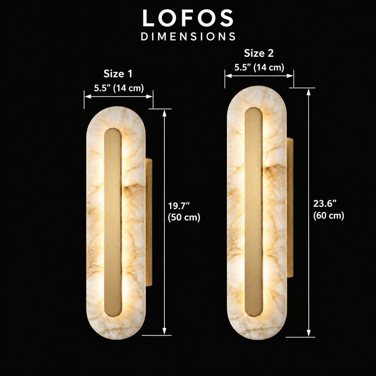 lofos alabaster oval wall sconce black background dimension chart with individual measurement arrows; width 14 cm; heights 50, 60 cm | CARRA HOME