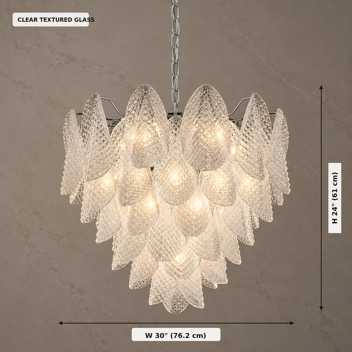 Magnolia clear textured glass chandelier 30 inch width and 24 inch height | CARRA HOME