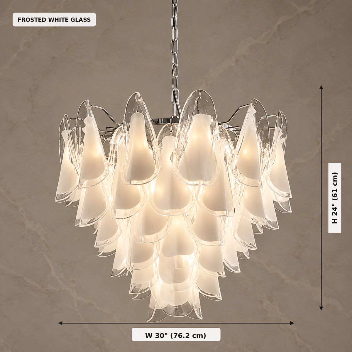 Magnolia frosted white glass chandelier 30 inch width and 24 inch height | CARRA HOME