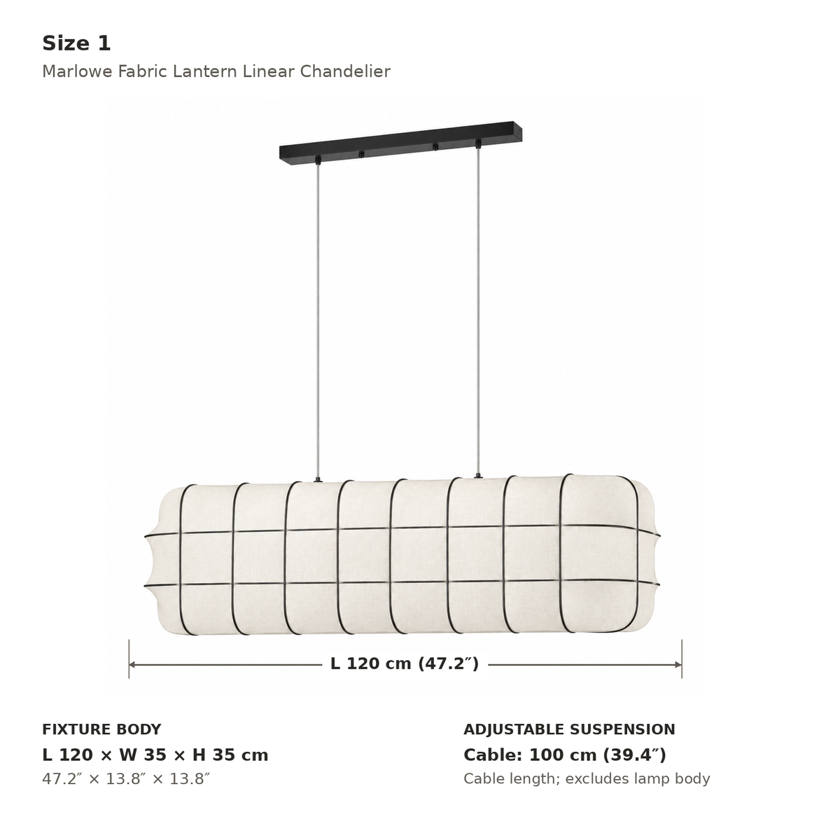Marlowe fabric lantern chandelier Size 1, 120 cm fixture dimensions and 100 cm adjustable cable | CARRA HOME