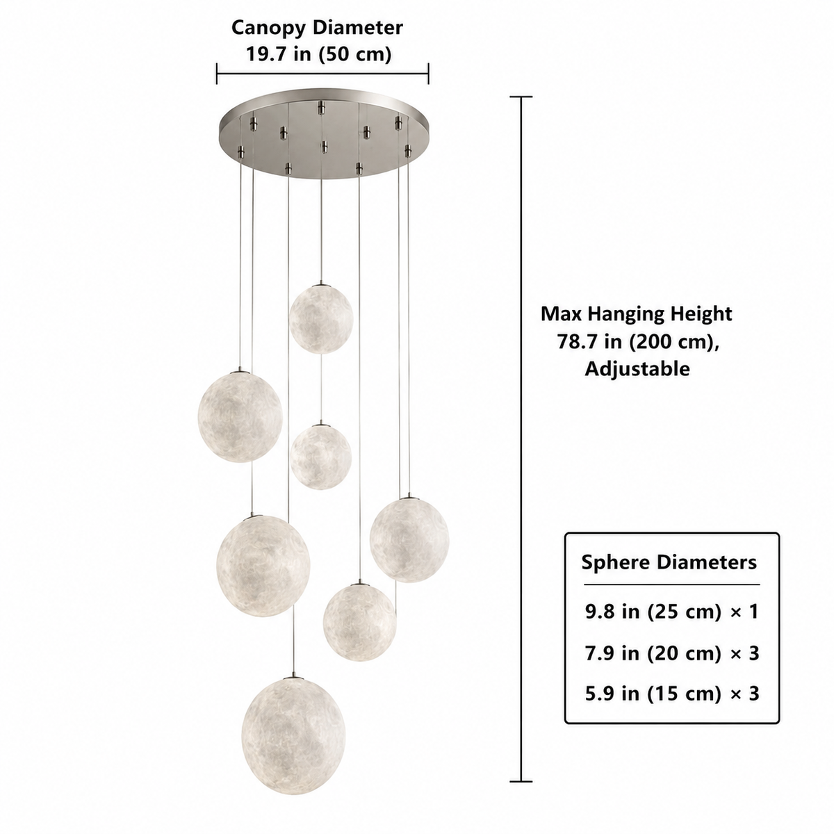 Nami glass sphere staircase chandelier 7-light dimensions