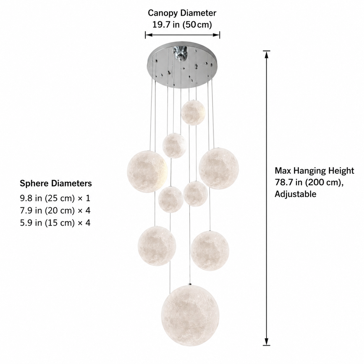 Nami glass sphere staircase chandelier 9-light dimensions
