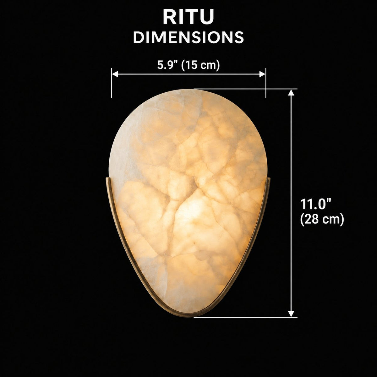 ritu alabaster teardrop wall sconce black background dimension chart with individual measurement arrows; width 15 cm; height 28 cm | CARRA HOME