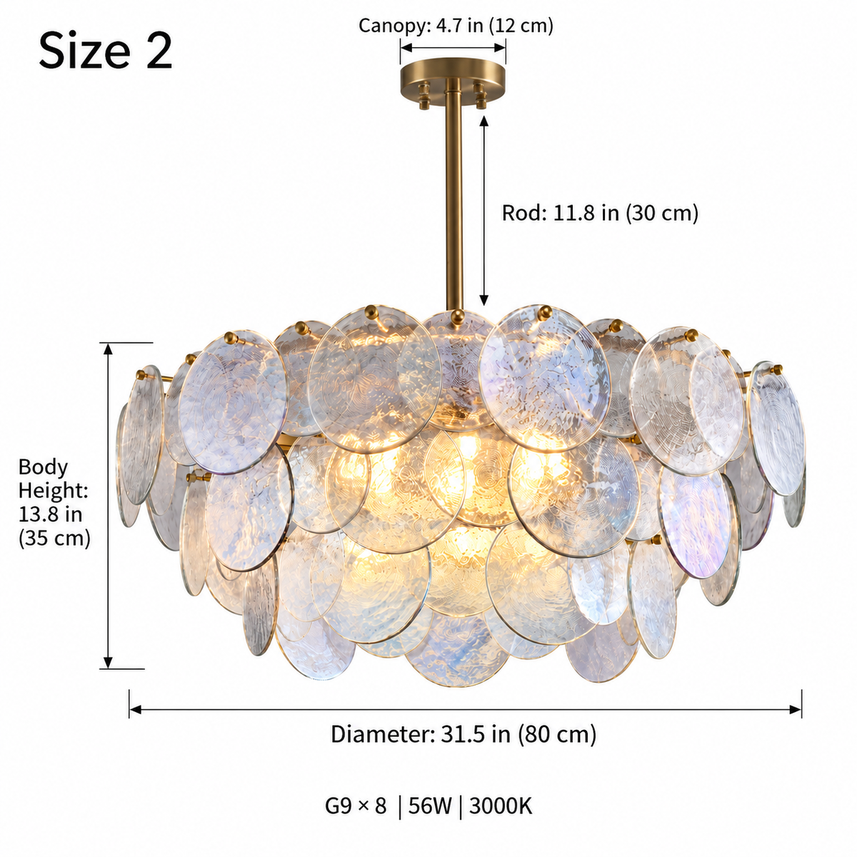 Roselle Iridescent Glass Disc Chandelier, Size 2, 80cm diameter, 35cm body, 30cm fixed rod, G9 x 8 | CARRA HOME