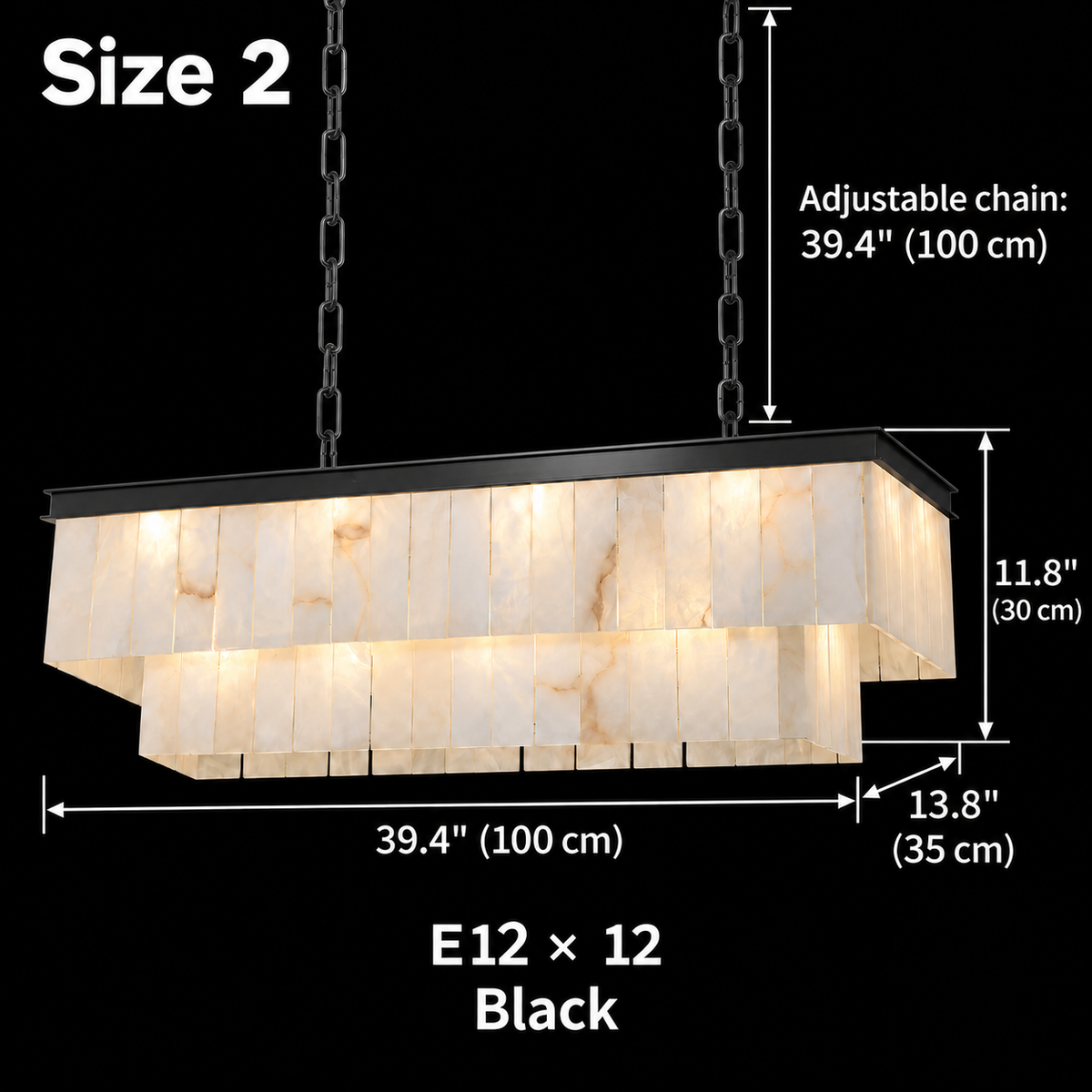 Size 2, Saloren Alabaster Double Linear Chandelier, black, 100 x 35 x 30 cm body, adjustable 100 cm chains, E12 x 12 | CARRA HOME