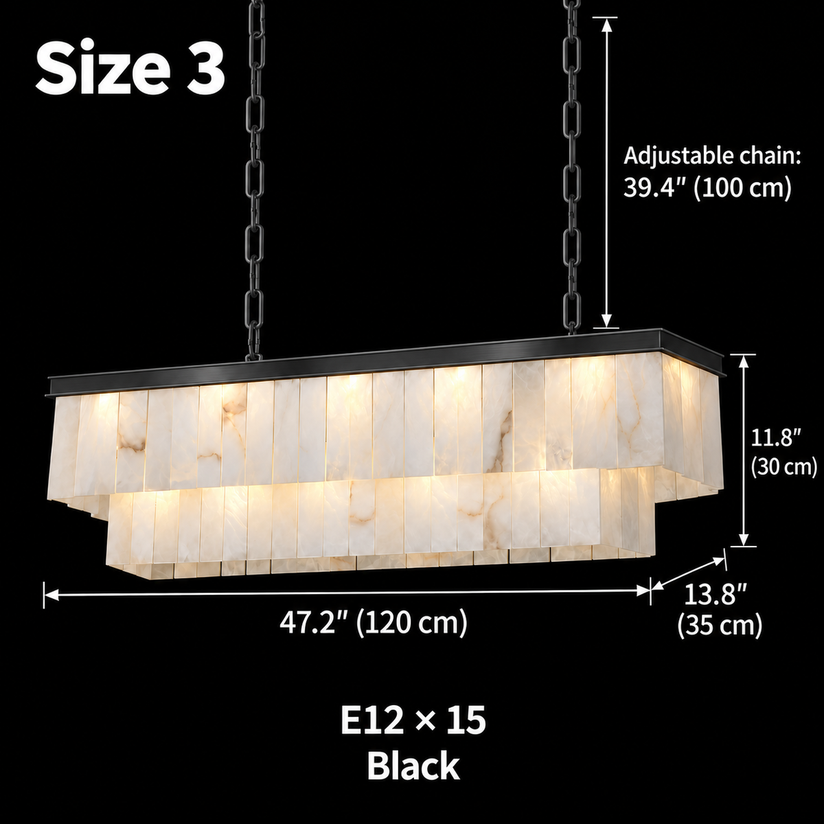 Size 3, Saloren Alabaster Double Linear Chandelier, black, 120 x 35 x 30 cm body, adjustable 100 cm chains, E12 x 15 | CARRA HOME