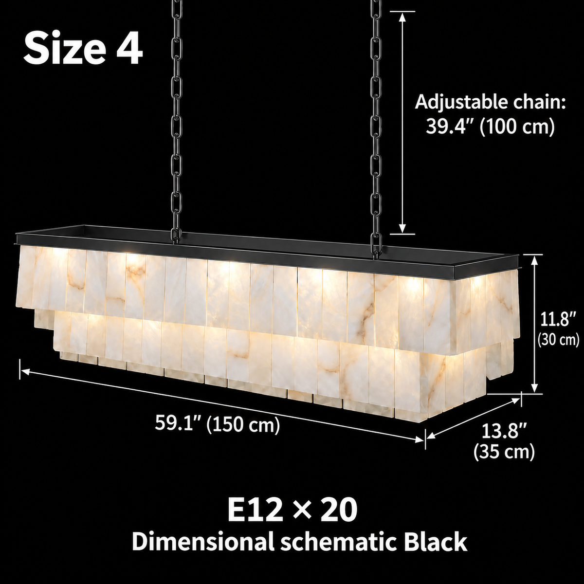 Size 4, Saloren Alabaster Double Linear Chandelier, black, 150 x 35 x 30 cm body, adjustable 100 cm chains, E12 x 20, dimensional schematic | CARRA HOME