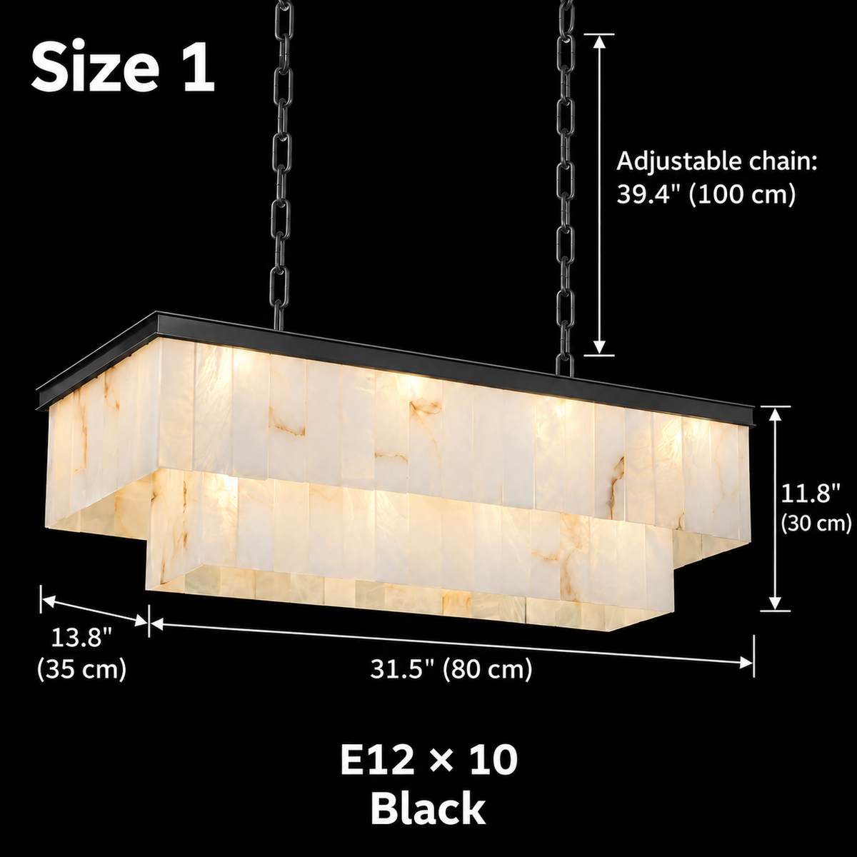 Size 1, Saloren Alabaster Double Linear Chandelier, black, 80 x 35 x 30 cm body, adjustable 100 cm chains, E12 x 10 | CARRA HOME