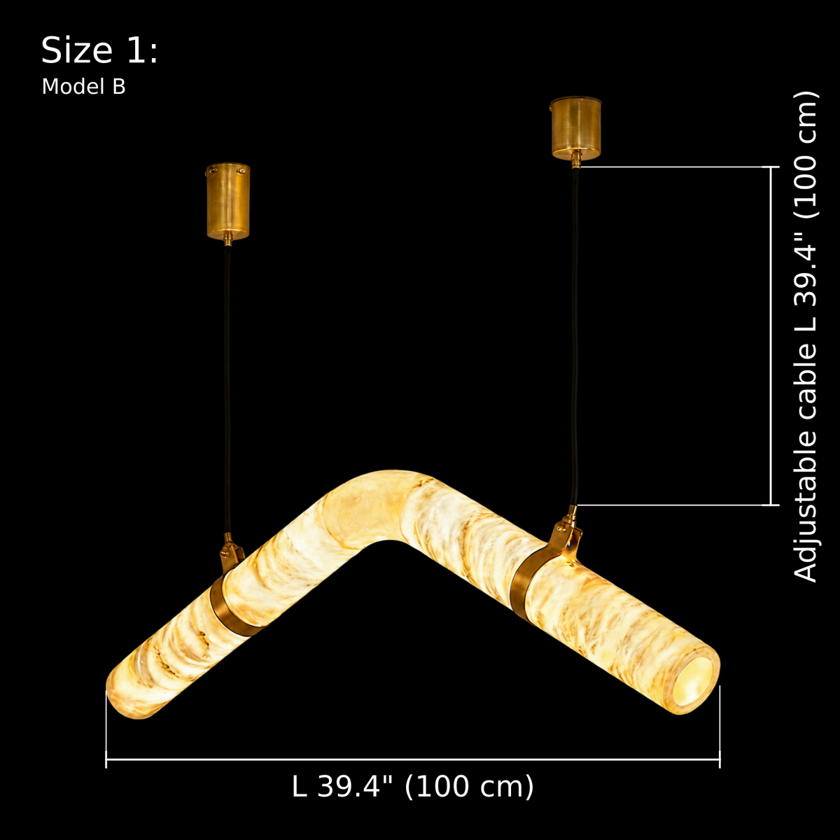 Model B, Size 1 dimension diagram of the Sorelle alabaster curved tube chandelier, L 39.4 inches (100 cm), adjustable cable length 39.4 inches (100 cm), two Gold cylindrical canopies and two suspension cables, Carra Home lighting. | CARRA HOME