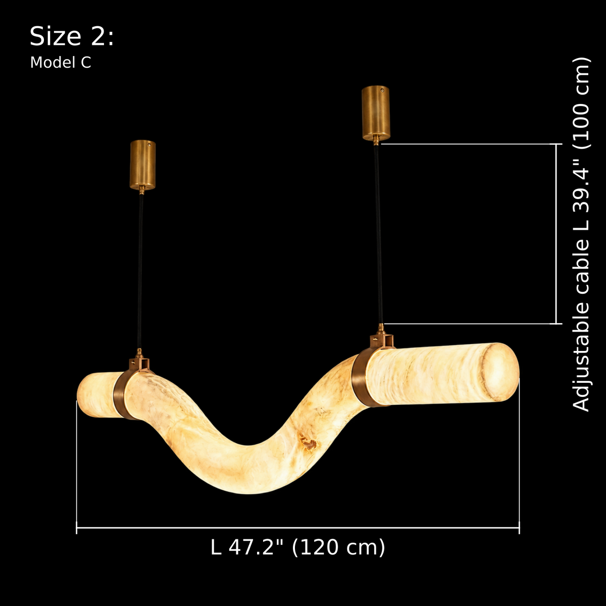 Model C, Size 2 dimension diagram of the Sorelle alabaster curved tube chandelier, L 47.2 inches (120 cm), adjustable cable length 39.4 inches (100 cm), two Gold cylindrical canopies and two suspension cables, Carra Home lighting. | CARRA HOME