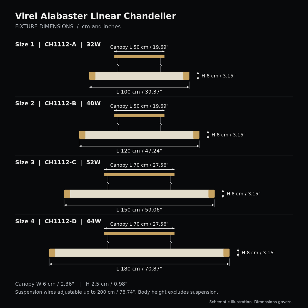 Virel Alabaster Linear Chandelier dimension chart showing every size separately on a black background | CARRA HOME