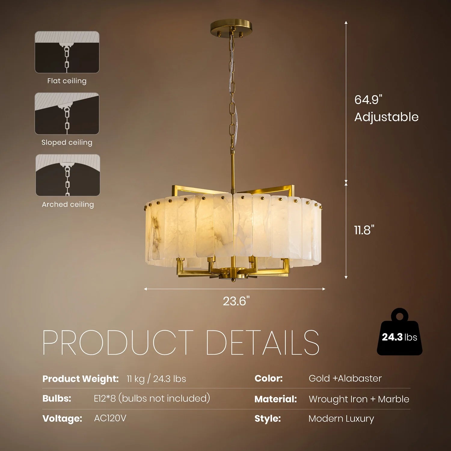 Dimensional product specification for a 23.6-inch round alabaster chandelier with adjustable height and ceiling compatibility. Carra Home-carra-home