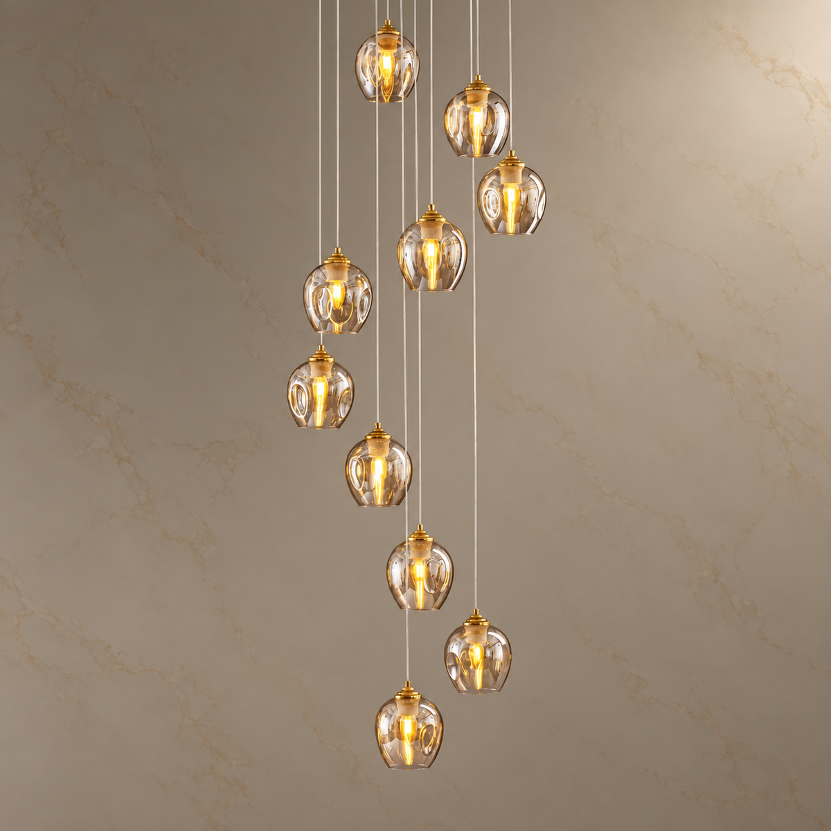 Solar Aura Gold Glass Ring Pendant Light with lights on
