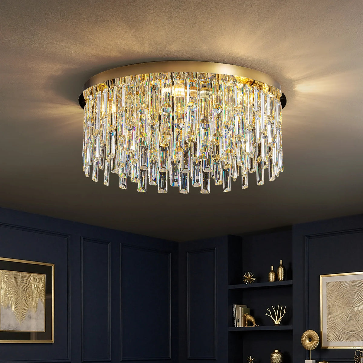 Solara Modern Gold Crystal Flush Mount Chandelier material and construction detail