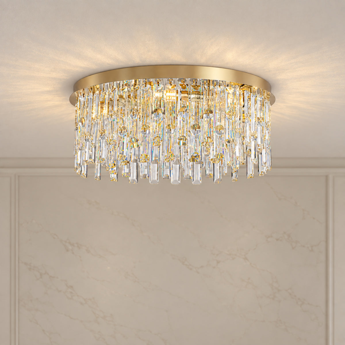 Solara Gold Crystal Flush Mount Chandelier illuminated