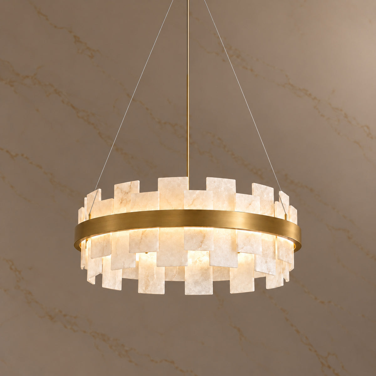 Soleil Modern Gold Alabaster Round Chandelier - Gold 60 cm light on | CARRA HOME