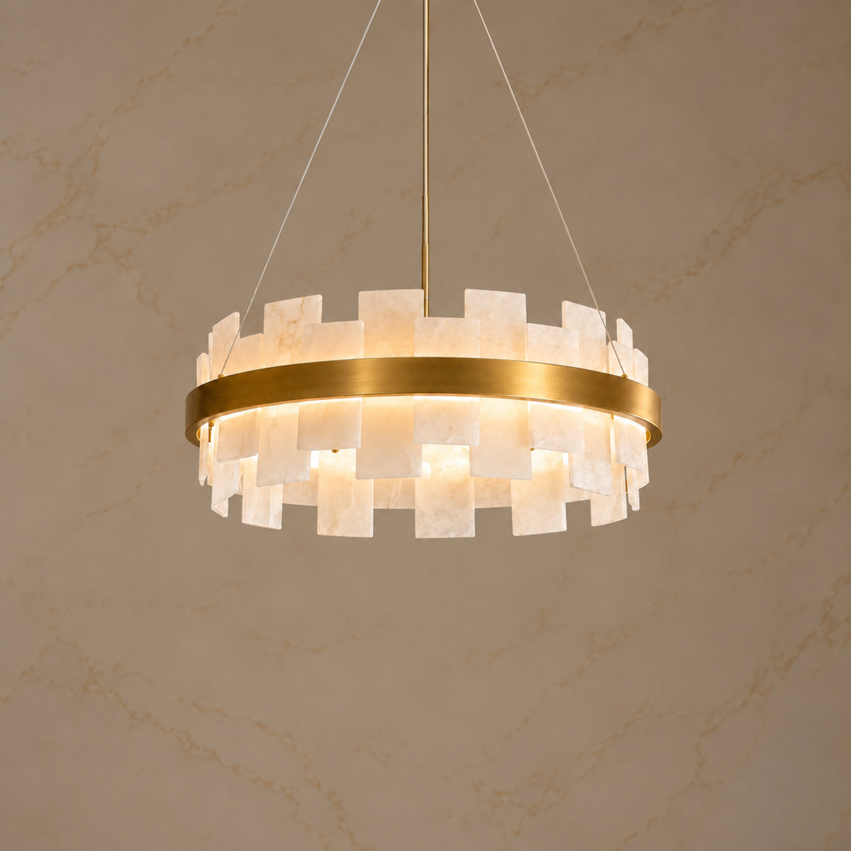 Soleil Gold Alabaster Round Chandelier illuminated