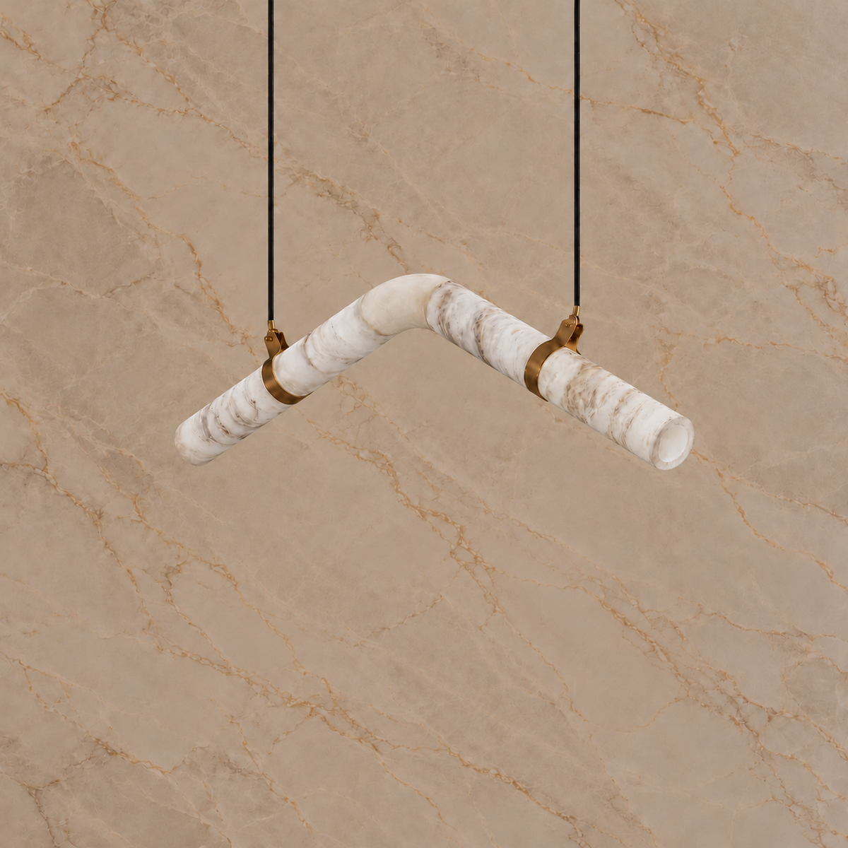 Sorelle Alabaster Curved Tube Chandelier, model b gold, compact suspension, light off | CARRA HOME