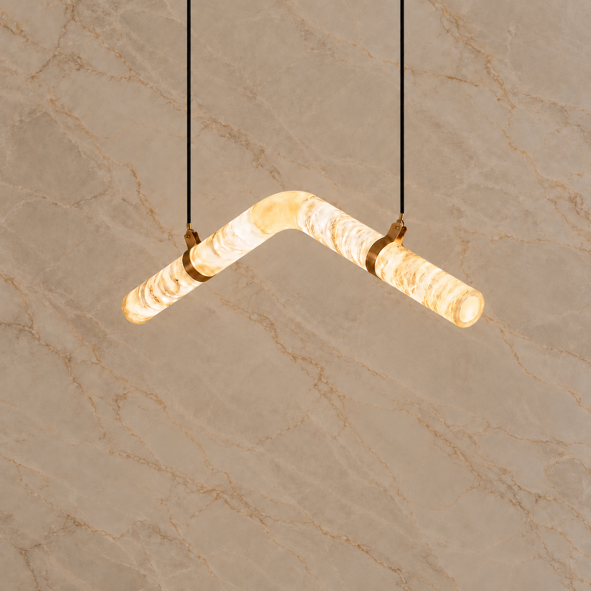 Sorelle Alabaster Curved Tube Chandelier, model b gold, compact suspension, light on | CARRA HOME