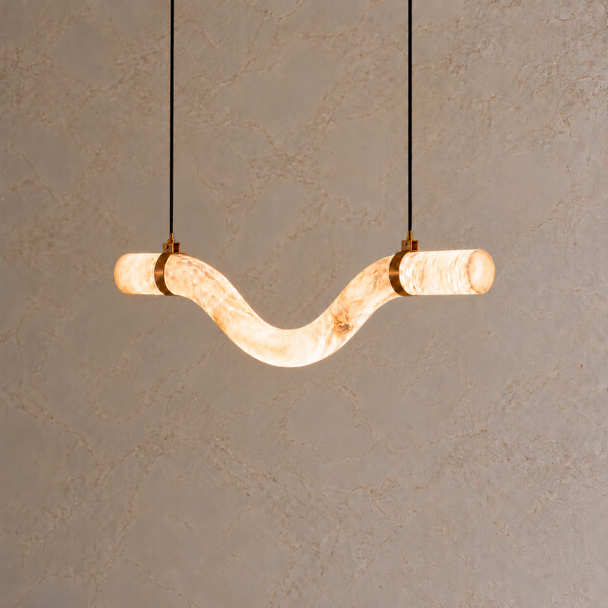 Sorelle Alabaster Curved Tube Chandelier, model c gold, compact suspension, light on | CARRA HOME