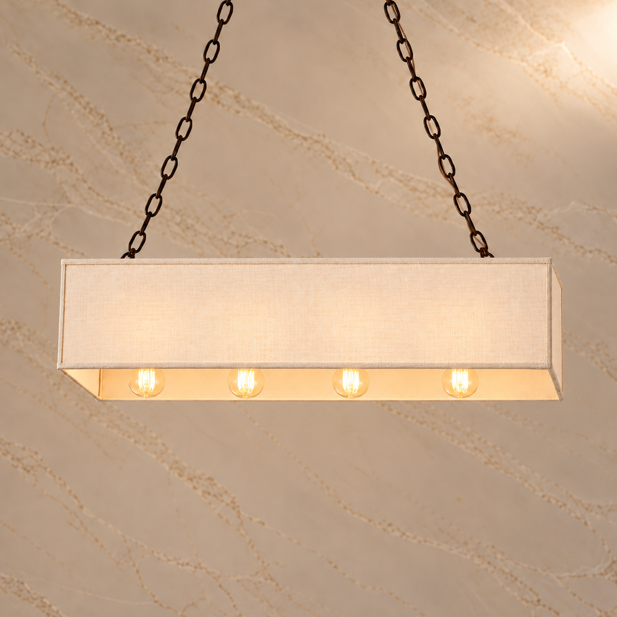 Stark Fabric Chain Linear Chandelier in Bronze / Cream Linen, light on | CARRA HOME