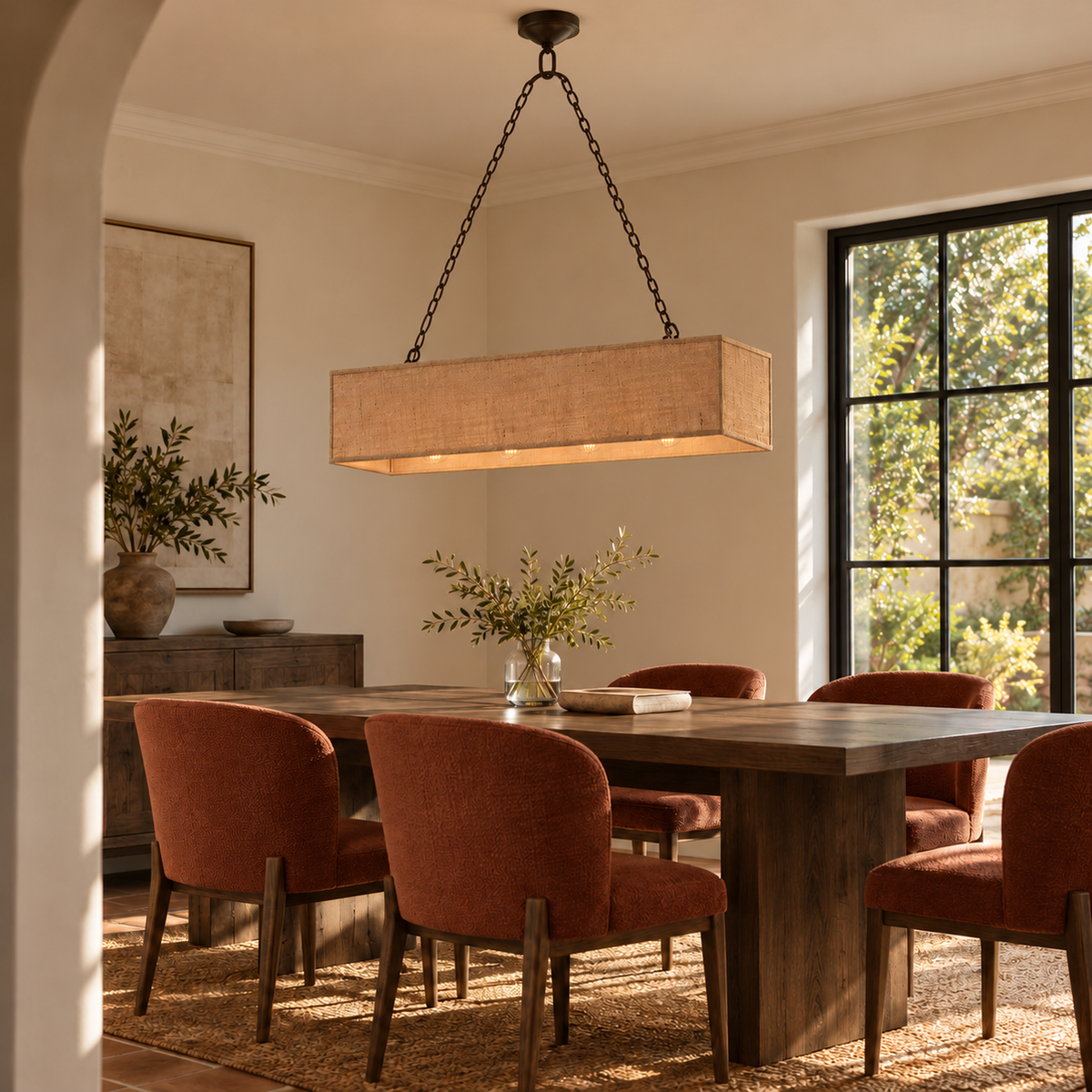 Stark bronze and natural burlap chandelier in a dining room with rust upholstered chairs | CARRA HOME