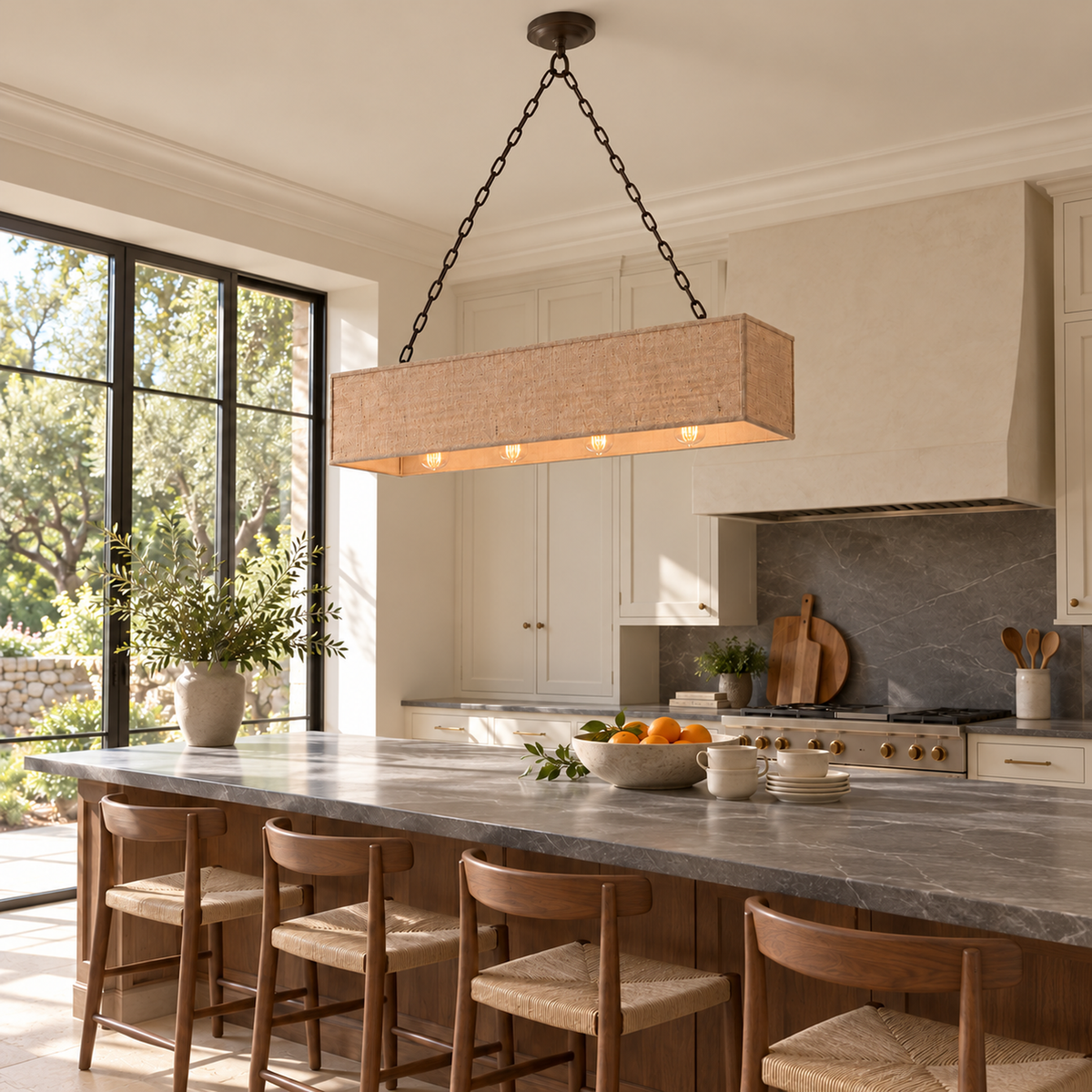Stark bronze and natural burlap chandelier above a cream kitchen island | CARRA HOME
