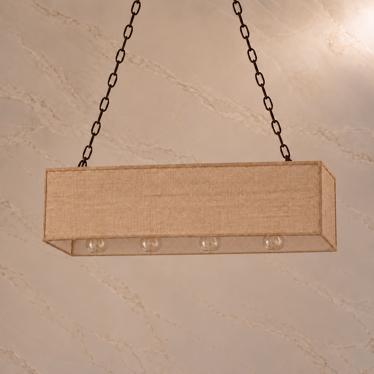 Stark fabric chain linear chandelier in bronze and natural burlap, light off | CARRA HOME