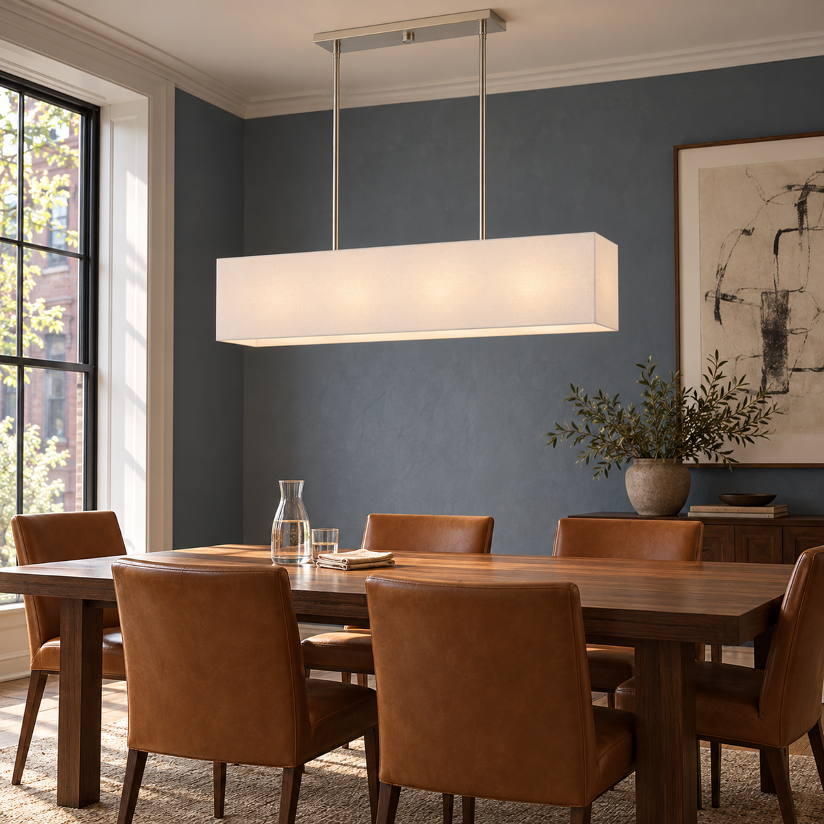Stark fabric chandelier in a slate blue dining room with leather chairs | CARRA HOME