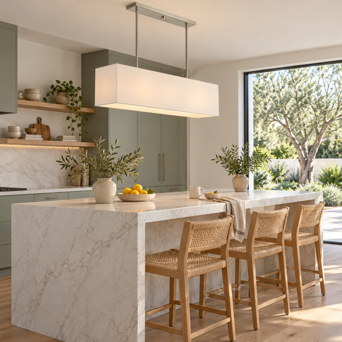 Stark brushed nickel fabric chandelier above a white marble kitchen island | CARRA HOME