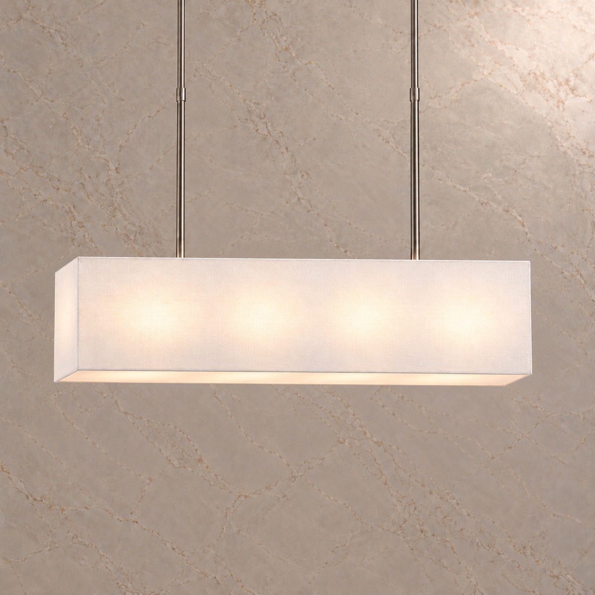 Stark fabric rectangular chandelier in brushed nickel, light on | CARRA HOME