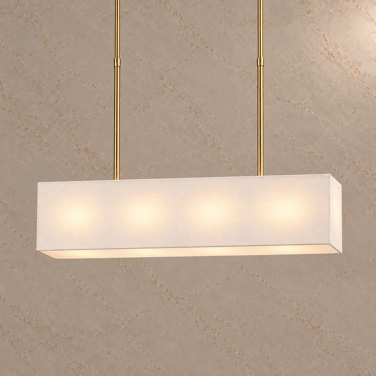 Stark Fabric Rectangular Chandelier in Satin Brass, light on | CARRA HOME